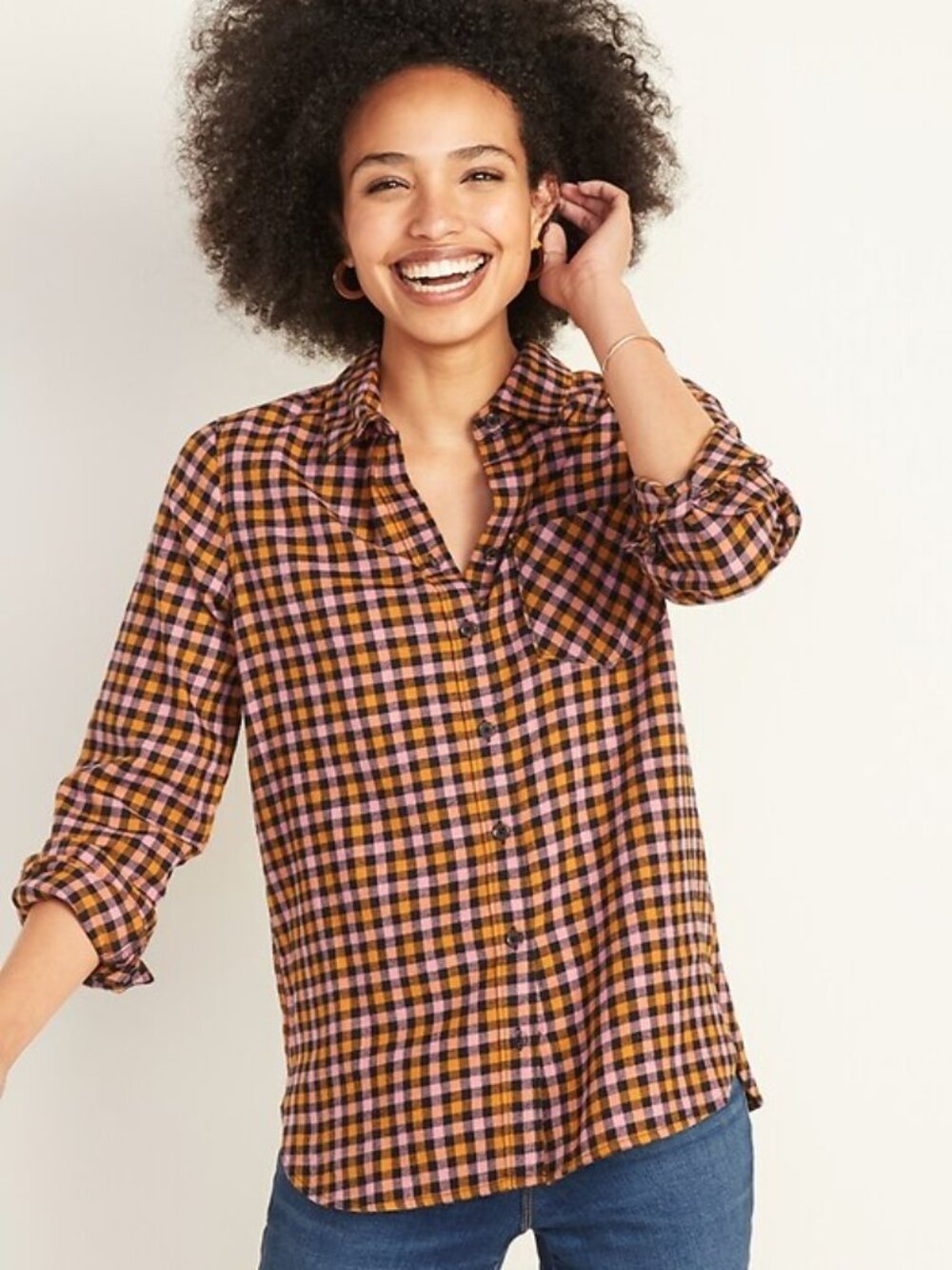 Old Navy Patterned Flannel Classic Shirt Pink Black Check